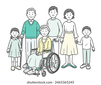 A full-body illustration of a three-generation family gathering to help an old woman in a wheelchair