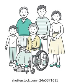 A full-body illustration of a three-generation family gathering to help an old woman in a wheelchair