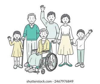 A full-body illustration of a three-generation family waving together to assist a wheelchair-bound grandmother