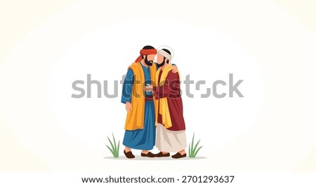 Full-body illustration of two bearded men in traditional robes embracing warmly, depicting a reunion, reconciliation, or heartfelt brotherhood.