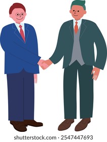Una ilustración de cuerpo entero de dos hombres en trajes a punto de estrecharse la mano después de negociar con éxito.