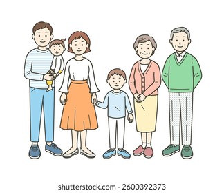 Full-body illustration of a two- or three-generation family gathered together