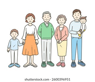 Full-body illustration of a two- or three-generation family gathered together