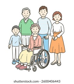 Full-body illustration of a two-generation family assisting a wheelchair-bound grandmother