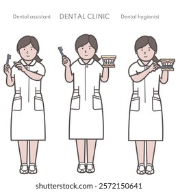 Full-body illustration of a woman giving tooth brushing instruction