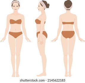 [Full-body illustration of a woman]
This woman's body has the center of gravity above. The waist and bust are high. The joints and below the knees are thin. She is wearing underwear.
Front, Side, Rear