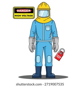Ilustração de corpo inteiro de um trabalhador em um terno de proteção azul, chapéu duro amarelo, escudo facial claro, luvas cinzas e botas escuras, de pé com sinais de segurança