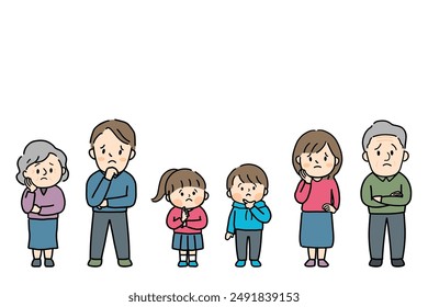 Full-body illustration of a worried three-generation family.