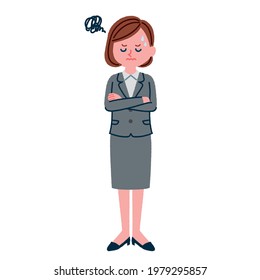 Full-body illustration of a worried woman in a suit