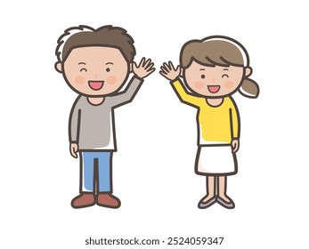 Full-body illustration of a young couple greeting cheerfully