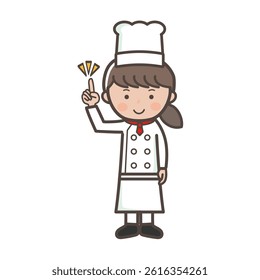 Full-body illustration of a young female chef explaining the points