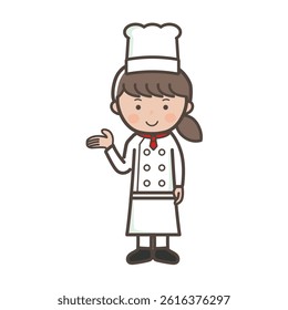 A full-body illustration of a young female chef giving an explanation or guidance