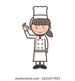 Full-body illustration of a young female chef giving an OK sign