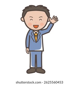 Full-body illustration of a young male businessman greeting with a smile