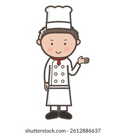 A full-body illustration of a young male chef giving an explanation or guidance