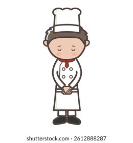 Full-body illustration of a young male chef bowing his head and apologizing