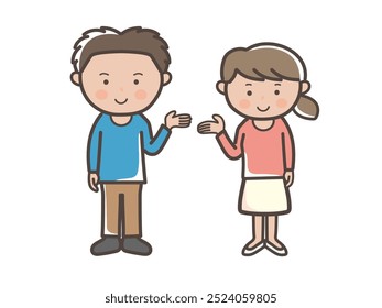 Full-body illustration of a young male and female couple giving guidance and explanations