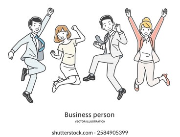 Full-body illustration of young male and female office workers jumping with joy