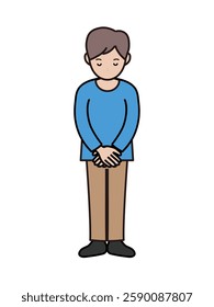 Full-body illustration of a young man bowing his head and apologizing