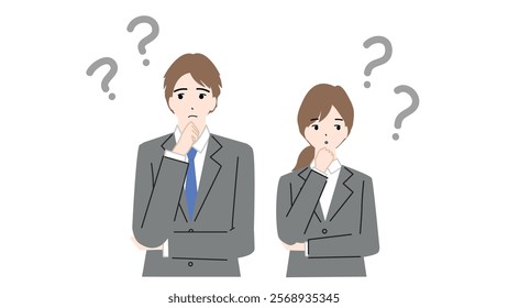 Full-body illustration of a young man and woman in suits wondering.