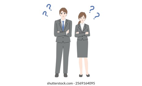 Full-body illustration of a young man and woman in suits wondering.