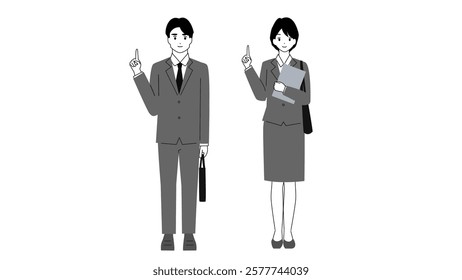 Full-body illustration of a young man and woman pointing, wearing business suits and carrying materials and bags.