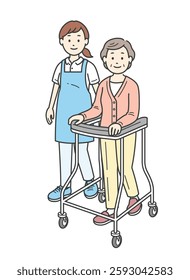 Full-body illustration of a young woman assisting an elderly woman with a walker