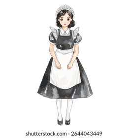 A full-body illustration of a young woman in a classic black and white maid uniform, featuring a ruffled cap and apron dress.