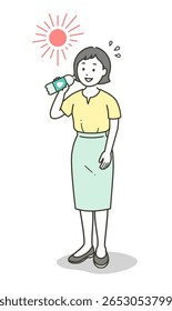 Ilustração de corpo inteiro de uma jovem mulher hidratando no calor escaldante