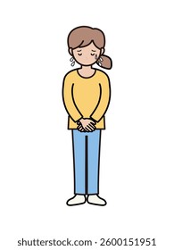 Full-body illustration of a young woman in pants apologizing in a hurry