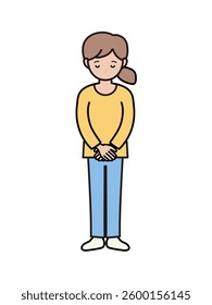 Full-body illustration of a young woman in pants look bowing her head and apologizing