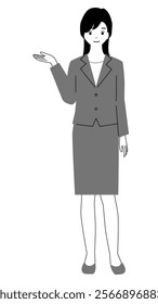 Full-body illustration of a young woman in a suit introducing.
