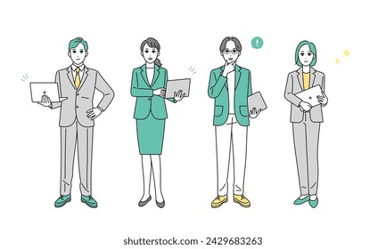 Full-body illustrations of business people in various fields with PCs