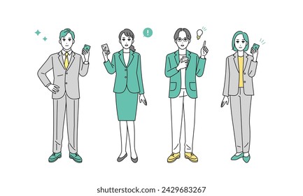 Full-body illustrations of business people of various occupations holding smartphones