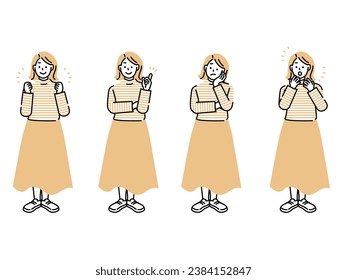 Full-body illustrations: people, women, 30s, housewives, motivation, thinking, understanding, surprising, worrying and future.