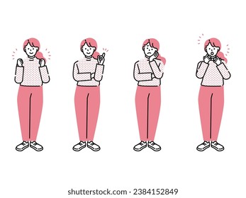 Full-body illustrations: people, women, 30s, housewives, motivation, thinking, understanding, surprising, worrying and future.