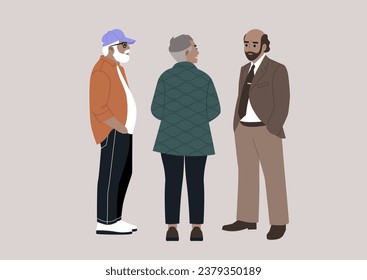 A fullbody portrait of a group of senior adults engaged in discussion, some of them turned with their backs to the viewer, while others are in profile or at a 3-4 angle, creating a dynamic composition