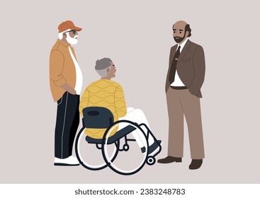 A fullbody portrait of a group of senior adults engaged in discussion, some of them turned with their backs to the viewer, while others are in profile or at a 3-4 angle, creating a dynamic composition