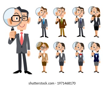 Full-body set of office workers looking into a magnifying glass