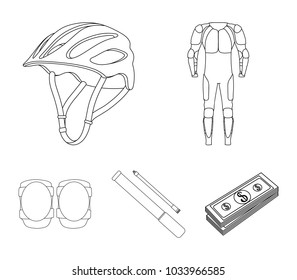 Full-body suit for the rider, helmet, pump with a hose, knee protectors.Cyclist outfit set collection icons in outline style vector symbol stock illustration web.