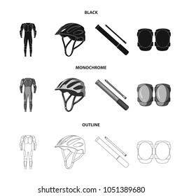 Full-body suit for the rider, helmet, pump with a hose, knee protectors.Cyclist outfit set collection icons in black,monochrome,outline style vector symbol stock illustration web.