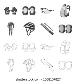 Full-body suit for the rider, helmet, pump with a hose, knee protectors.Cyclist outfit set collection icons in outline,monochrome style vector symbol stock illustration web.