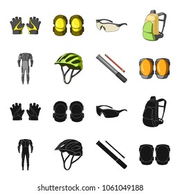 Full-body suit for the rider, helmet, pump with a hose, knee protectors.Cyclist outfit set collection icons in black,cartoon style vector symbol stock illustration web.
