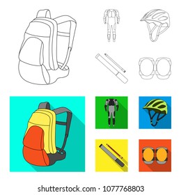 Full-body suit for the rider, helmet, pump with a hose, knee protectors.Cyclist outfit set collection icons in outline,flat style vector symbol stock illustration web.
