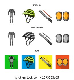 Full-body suit for the rider, helmet, pump with a hose, knee protectors.Cyclist outfit set collection icons in cartoon,flat,monochrome style vector symbol stock illustration web.