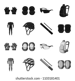 Full-body suit for the rider, helmet, pump with a hose, knee protectors.Cyclist outfit set collection icons in black,monochrome style vector symbol stock illustration web.