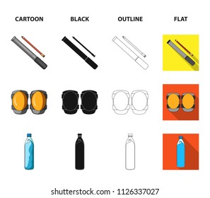 Full-body suit for the rider, helmet, pump with a hose, knee protectors.Cyclist outfit set collection icons in cartoon,black,outline,flat style vector symbol stock illustration web.