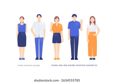 Ilustração vetorial de corpo inteiro de cinco jovens homens e mulheres marcando poses de verão