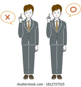 Full-body vector illustration of a male office worker in an OK and NG pose