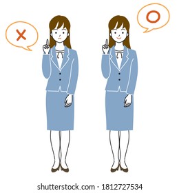 Full-body vector illustration of an office worker woman in an OK and NG pose